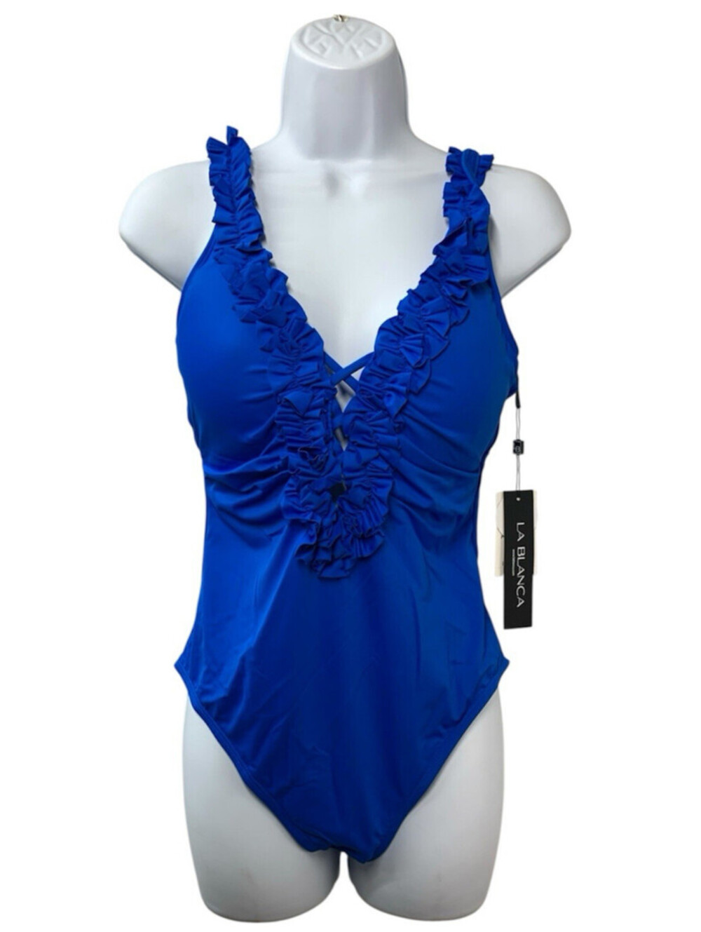 La Blanca Womens Island Goddess Ruffled Plunge One Piece Swimsuit Lapis Size 12
